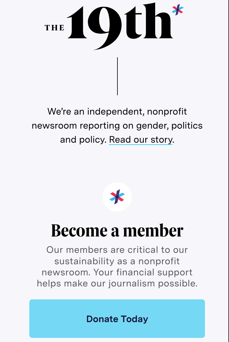 A screenshot from The 19th News website, a news media startup founded in 2020.